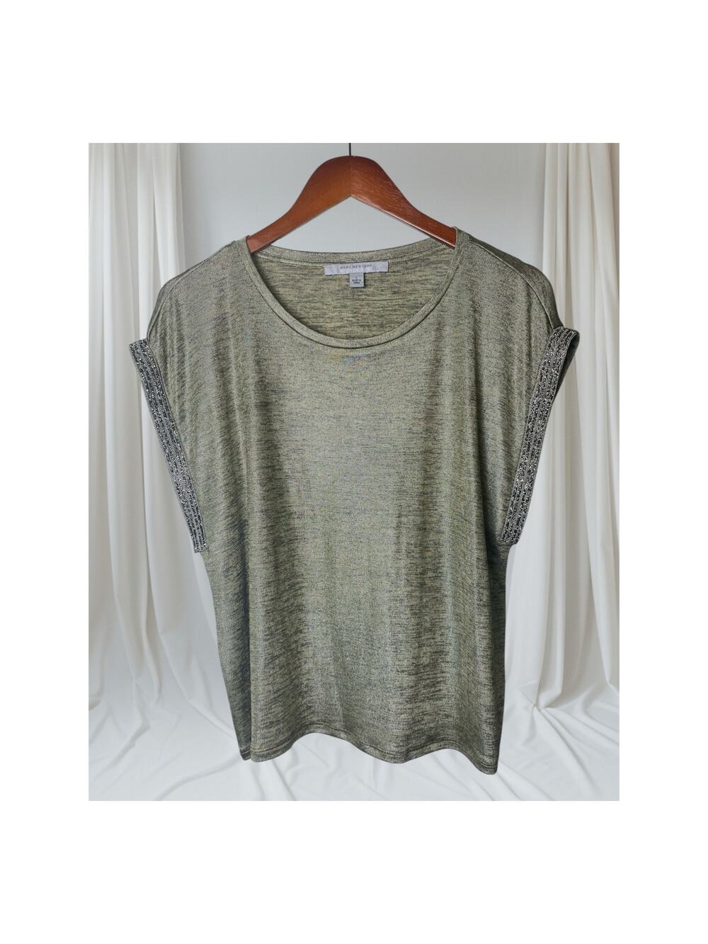 Marc NY Andrew Marc Sage Metallic Diamond Accent Cap Sleeve Blouse Size Large